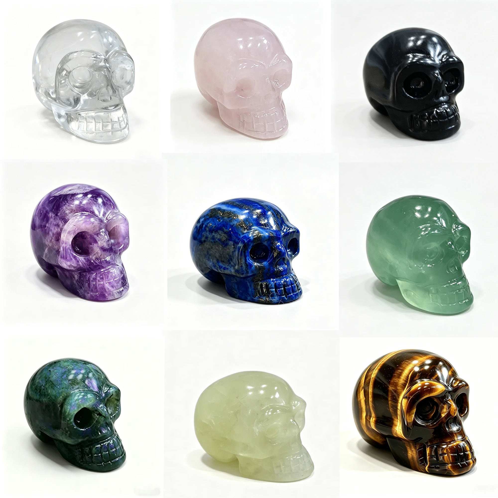 Crâne en cristal de 2 pouces, 9 couleurs, mini figurine sculptée en cristal de guérison pour la décoration d'Halloween, la méditation et comme cadeau pour la maison ou le bureau
