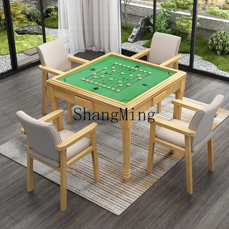 

ZYY solid wood mahjong table household hand rub chess and card simple dual-purpose dining table wooden combination table