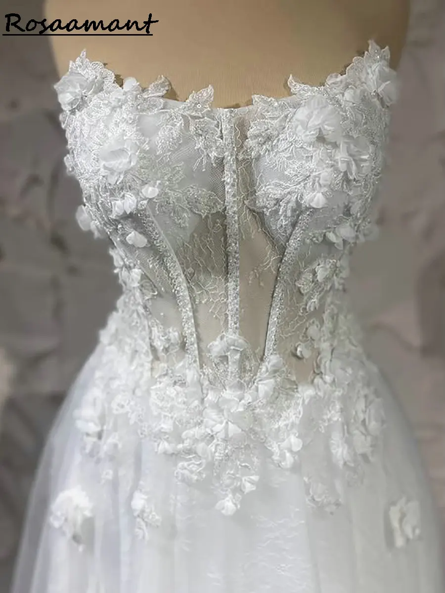 Vintage Strapless 3D Flowers A-Line Wedding Dresses Sleeveless Appliques Lace Corset Country Bridal Gowns