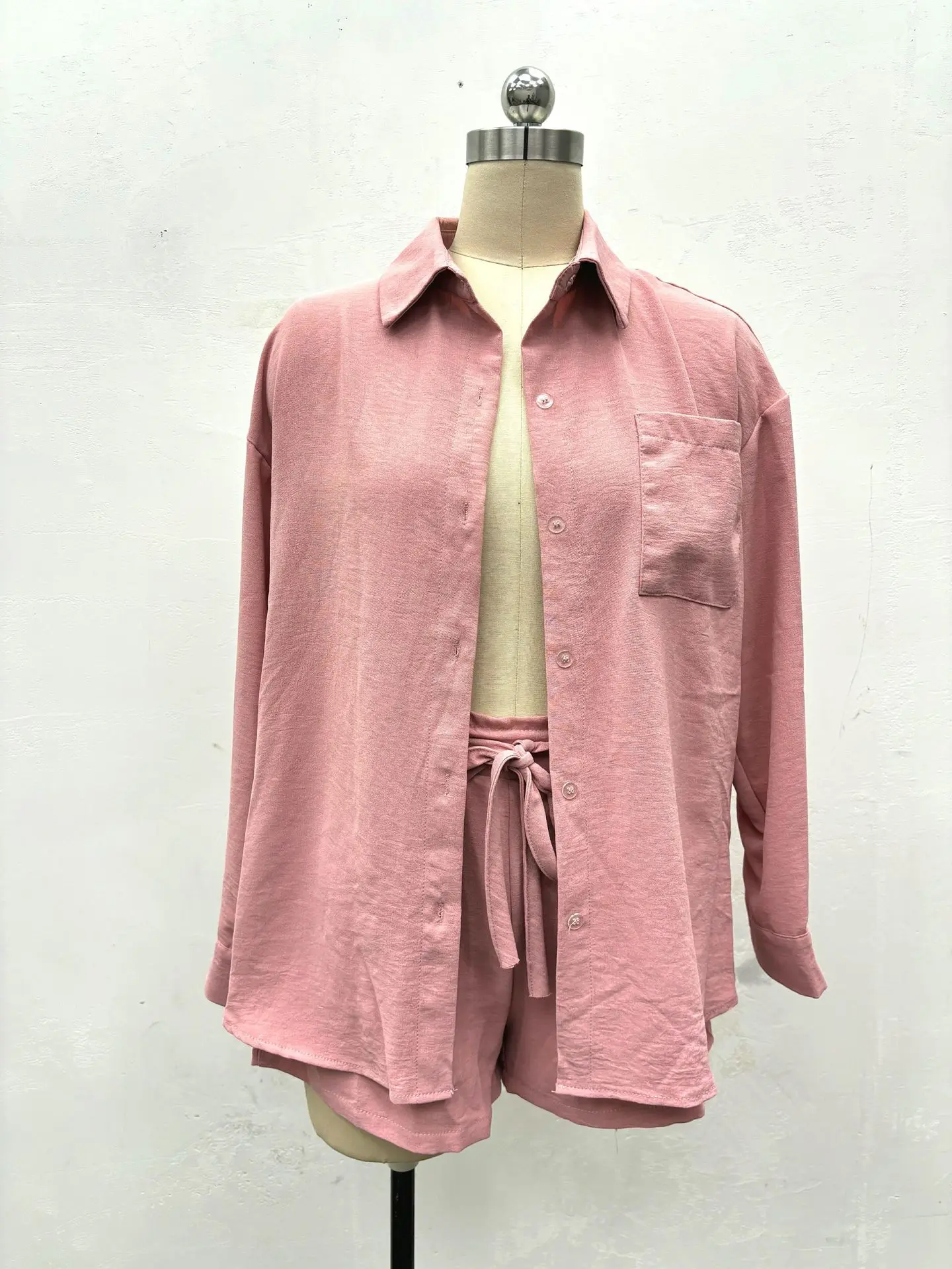 Straße Solide Lose Beiläufige Shorts Outfit Frühling Frauen Tasche Lange Ärmel Hemd + Hohe Taille Spitze Up Shorts Sommer Zwei stück Set