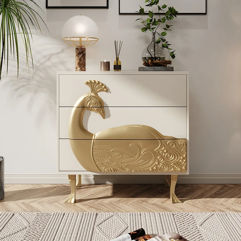 

Chest villa living room solid wood carved peacock decorative cabinet light luxury entrance drawer cabinet