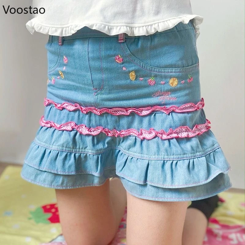 

Japanese Sweet Lolita Style Mini Denim Skirt Women Kawaii Embroidery Ruffles Cake Skirts Summer Female Fashion Y2k Party Skirts