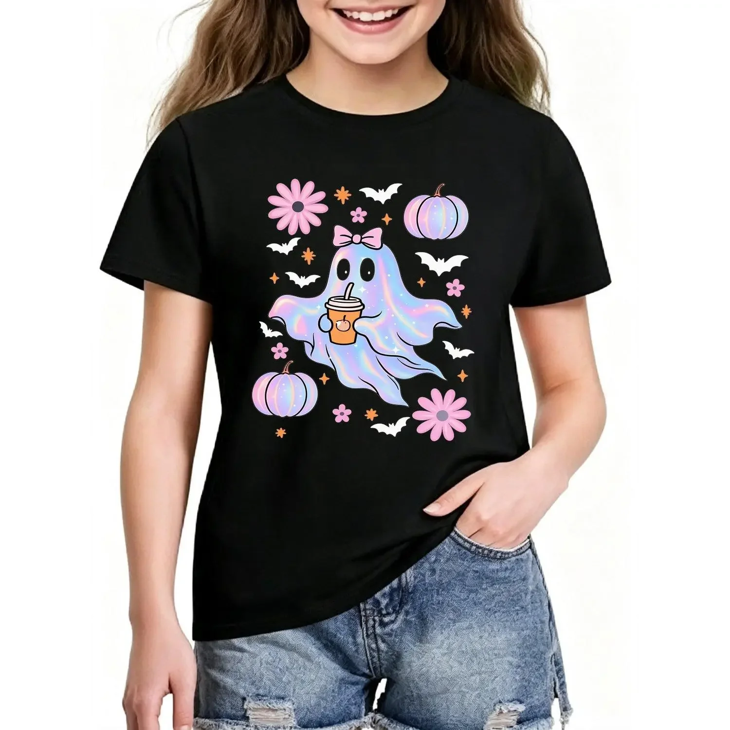 Girls Fashion Short Sleeve T Shirt Halloween Theme Summer Casual Versatile Top Ghost Drinking Pumpkin Flavored Drink Print Tee for Girls