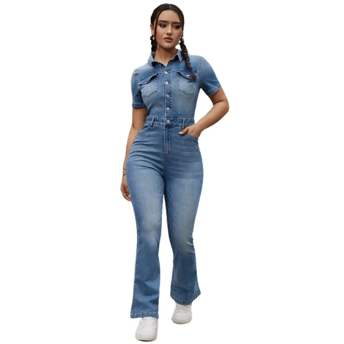 Women Overalls Jeans Denim Ankle Length Pants Single Breasted High Waist Pockets Solid Streetwear Button Turn Down Collar summer