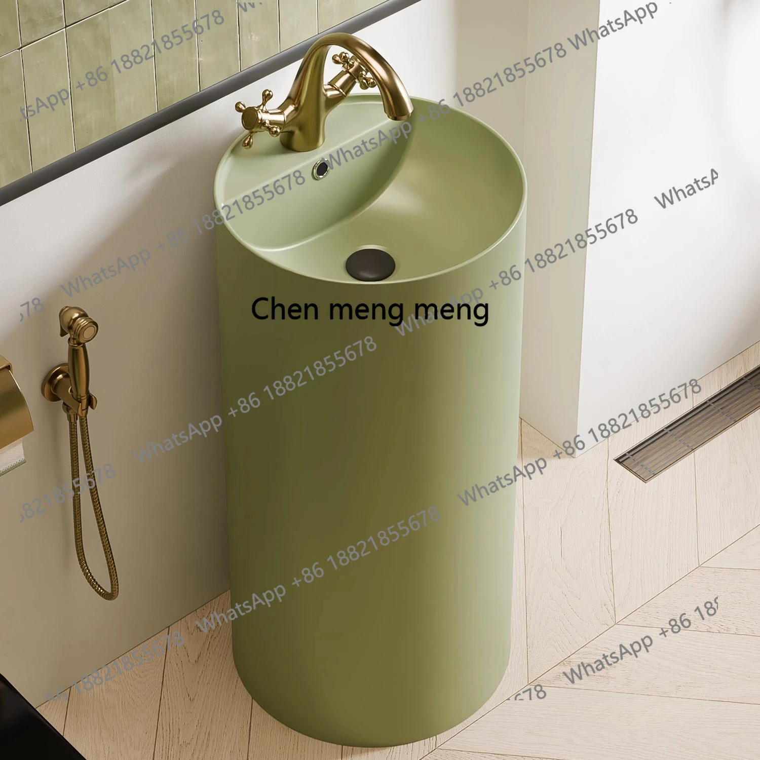 

MF Retro green integrated floor-to-ceiling ceramic column basin small apartment bathroom hand washing, washbasin