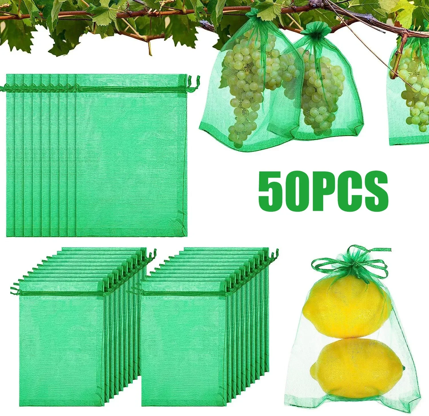 50Pcs Fruit Protection Bags Anti-Bird Netting Cover Green Mesh Barrier Bags with Drawstring Protecting Fruit From Insect 20*30CM