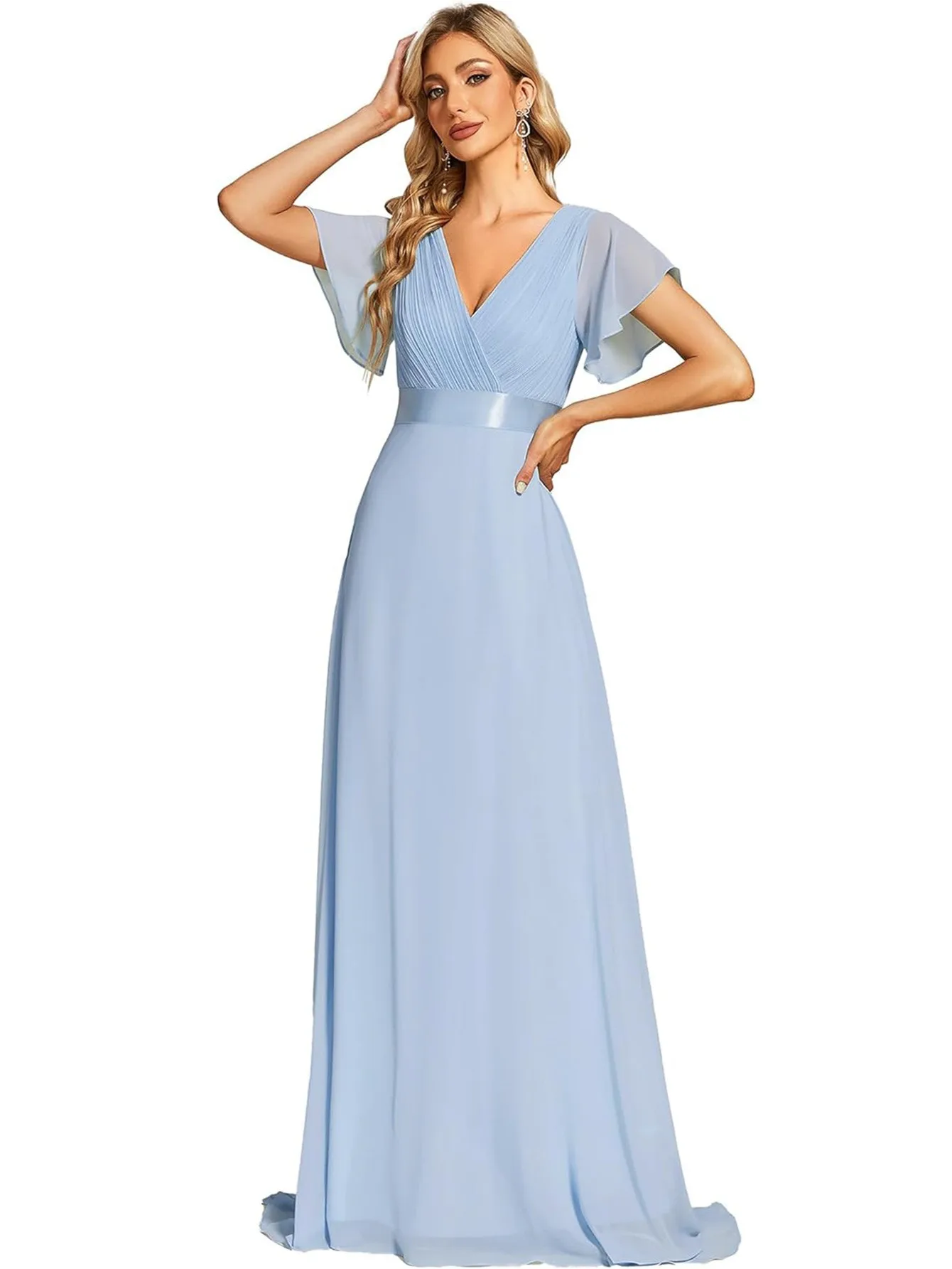 Handcrafted Double V-Neck Flared Sleeve Chiffon Wedding Maid Dress in Plus Size for Women