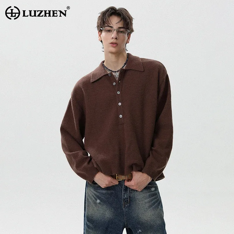 

LUZHEN однотонный элегантный свитер с длинными рукавами и лацканами на пуговицах, мужской осенний свитер 2021, новый модный красивый повседневный мужской пуловер JY4179