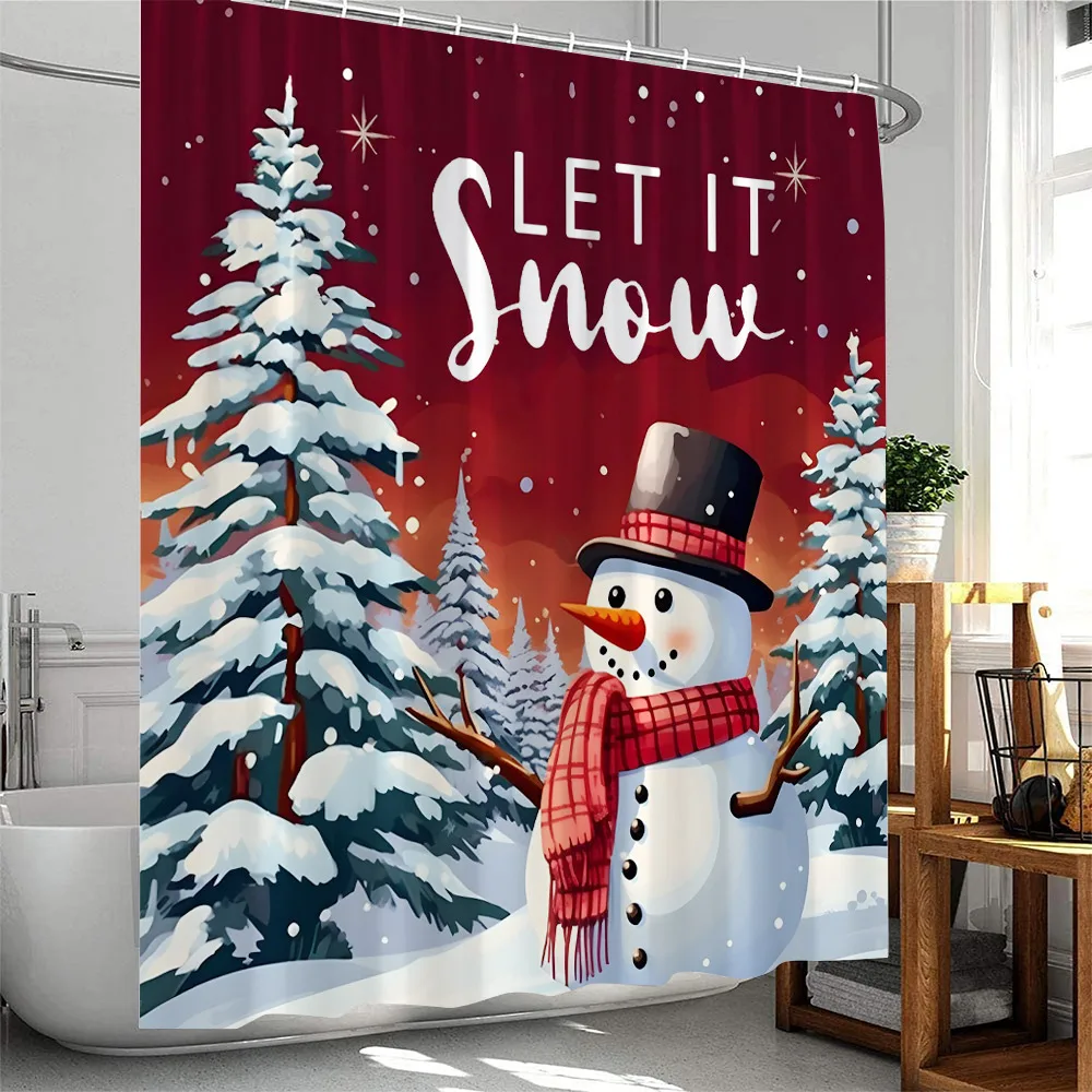 

Christmas Snowman Shower Curtain Winter Holiday Snow Forest Landscape Pine Tree Xmas Gifts Bathroom Decor Polyester Bath Curtain