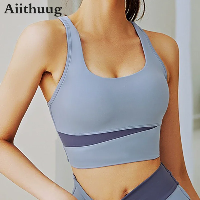 Aiithuug Yoga Crop Top Splicing Joint Color Yoga Bra Racer Back Pilates Bra Gym Bras Bounce Control Running Bras Fitnss Crops