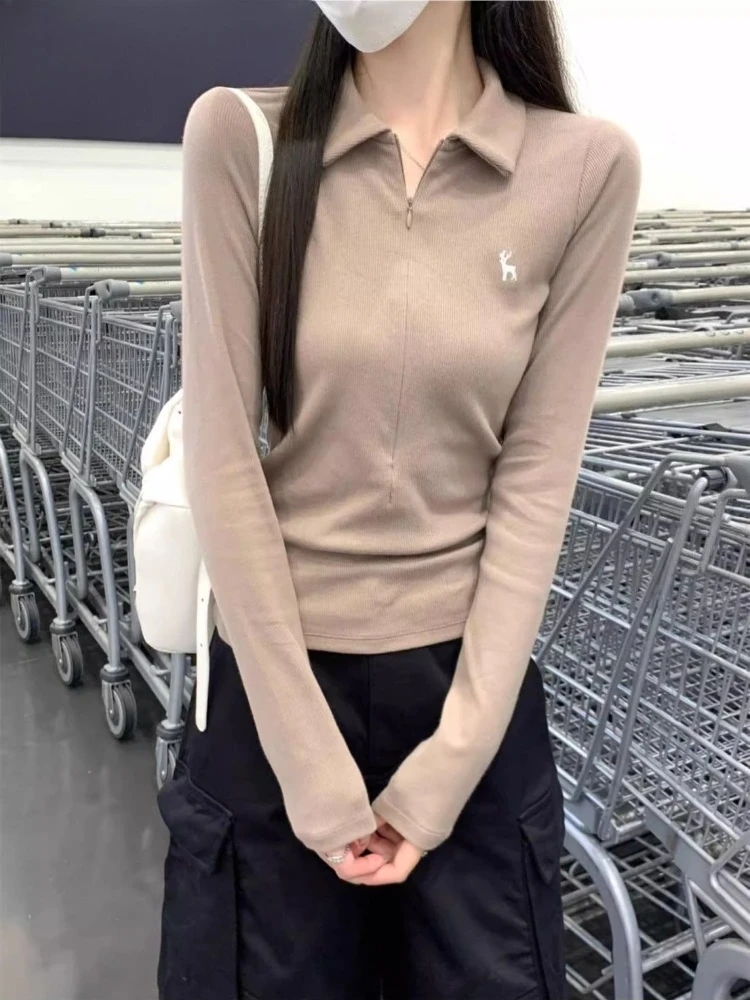 

Женская футболка с воротником на молнии и длинным рукавом, осень 2026, корейский стиль, приталенная, с вышивкой, базовый слой ​