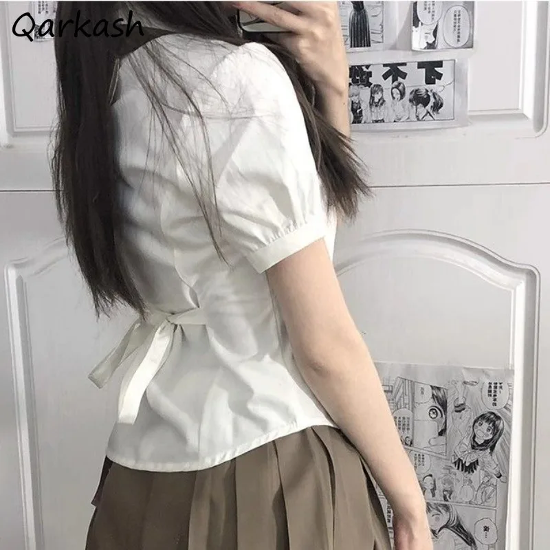 Short Sleeve Shirts Women Defined Waist Sweet Slim Lace-up Students Preppy Spring Summer Tops All-match Design White Female Sexy