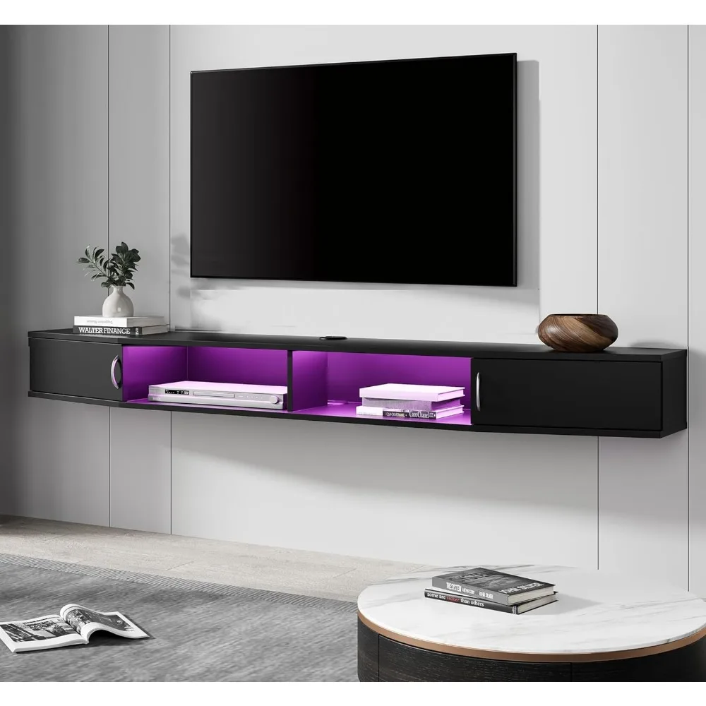 Floating TV Stand Wall Mounted Shelf with Colorful LED Lights, Wood Media Console Entertainment Center Under TV