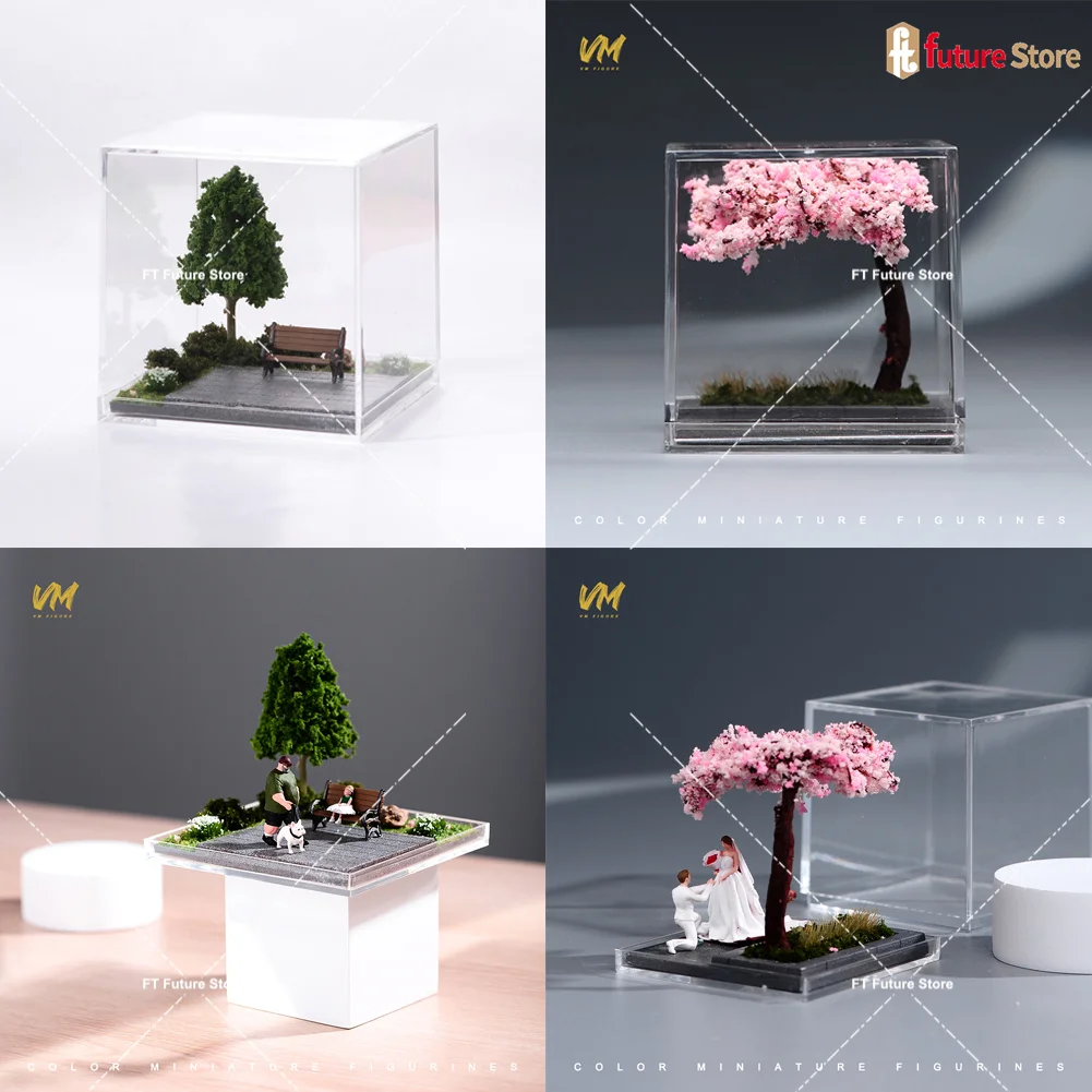 

Miniature Diorama Display Box Cherry Blossom Tree Park Chair Scene Model With Dust Cover Suitable For 1/64 Figure Dolls Decor