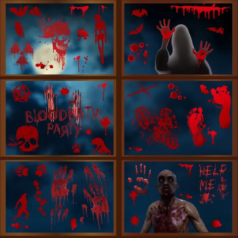 

Halloween Blood Static Window Paste Window Bathroom Door Blood Handprint Footprint Skeleton Self-paste Non-adhesive Not EasyDrop