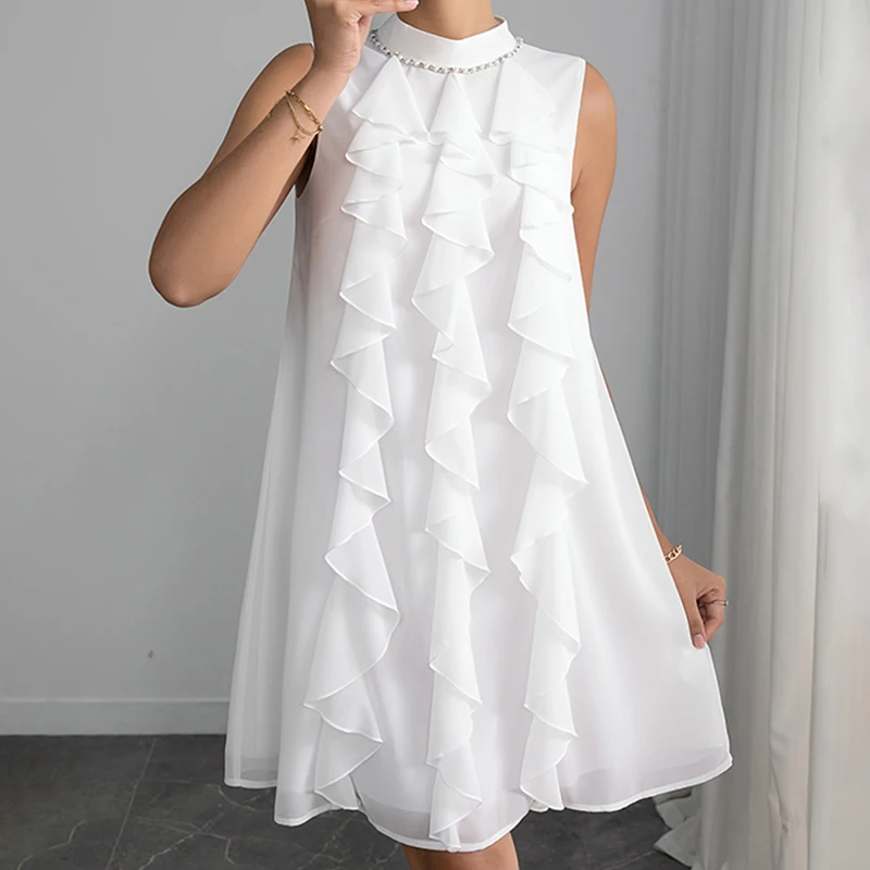 Mini robe élégante à volants pour femmes, col montant élégant avec strass, sans manches, ligne a assortie avec tout, robe courte blanche