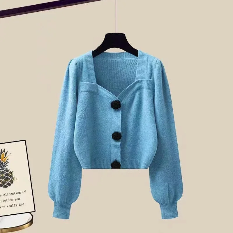 

New Autumn and Winter Women's Spring Clothes Versatile Square Collar Knitted Sweater Sweet Retro Age-reducing Top