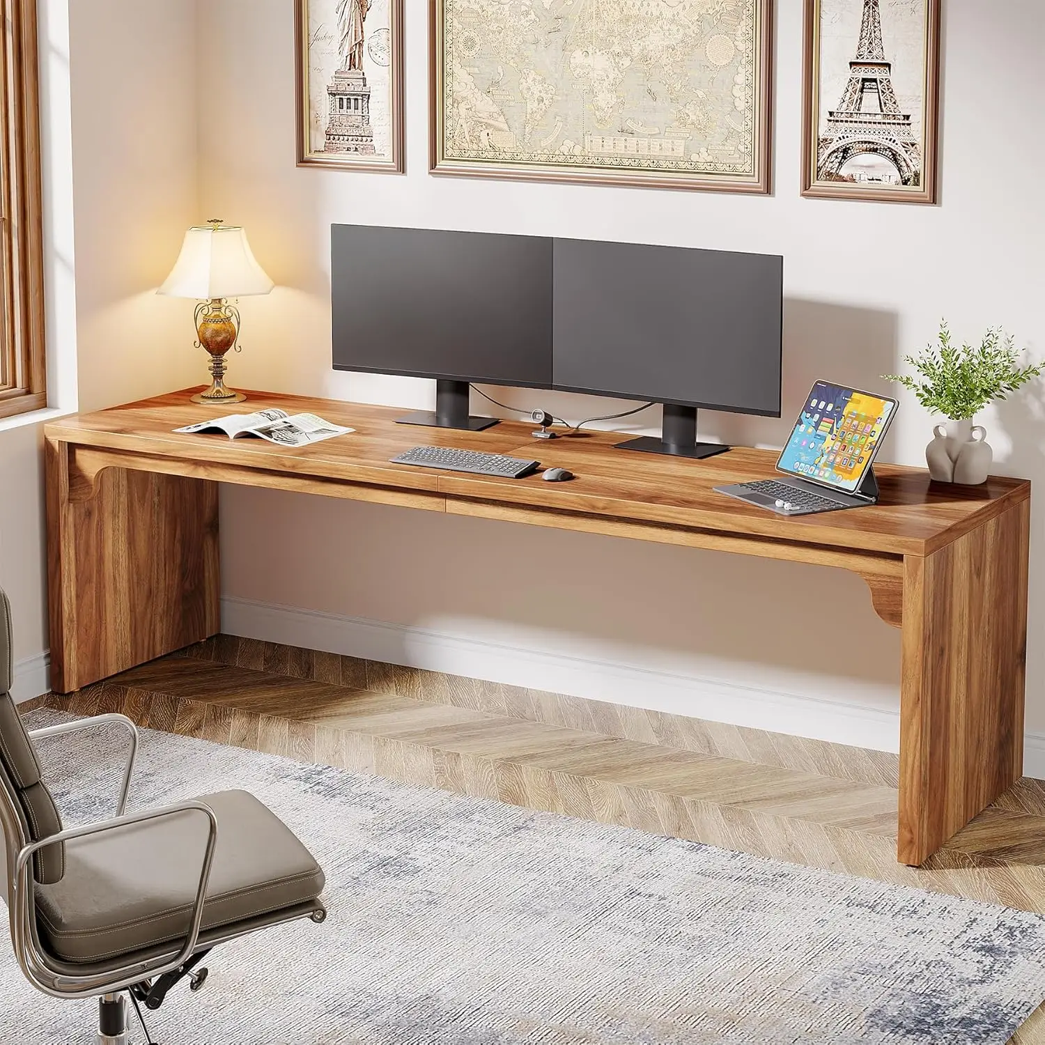 

78.7-Inch Extra Long Desk, Two Person Long Computer Desk, Double Writing Table for Home Office, Medium Walnut Brown