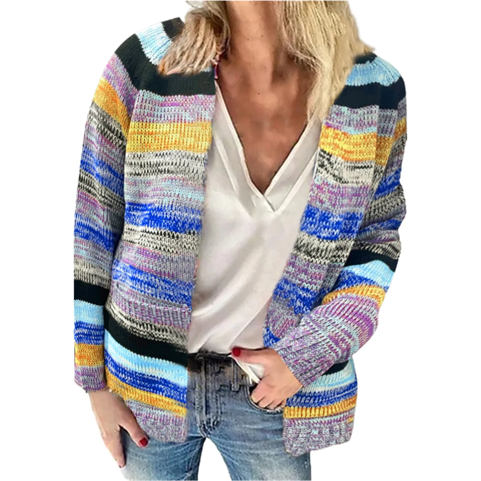 Pull cardigans à imprimé multicolore pour femme, manteau à manches longues, pulls de poche décontractés, élégant, automne, hiver, 2023