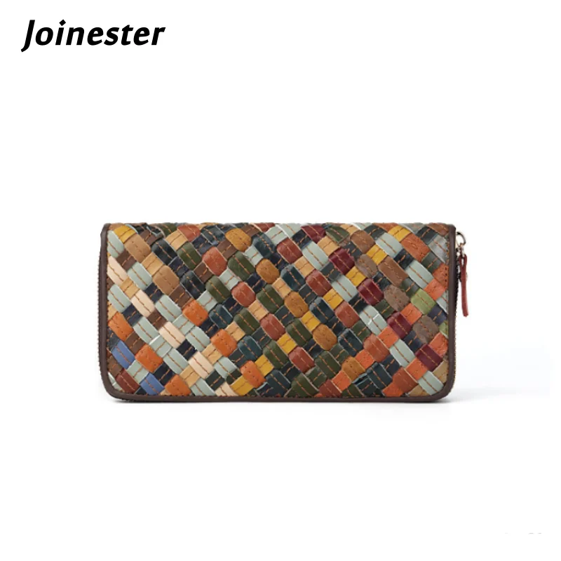 

Full-Grain Leather Purse for Ladies Hand Knitted Color Block Clutch Bag with Card Holders Vintage Long Wallet