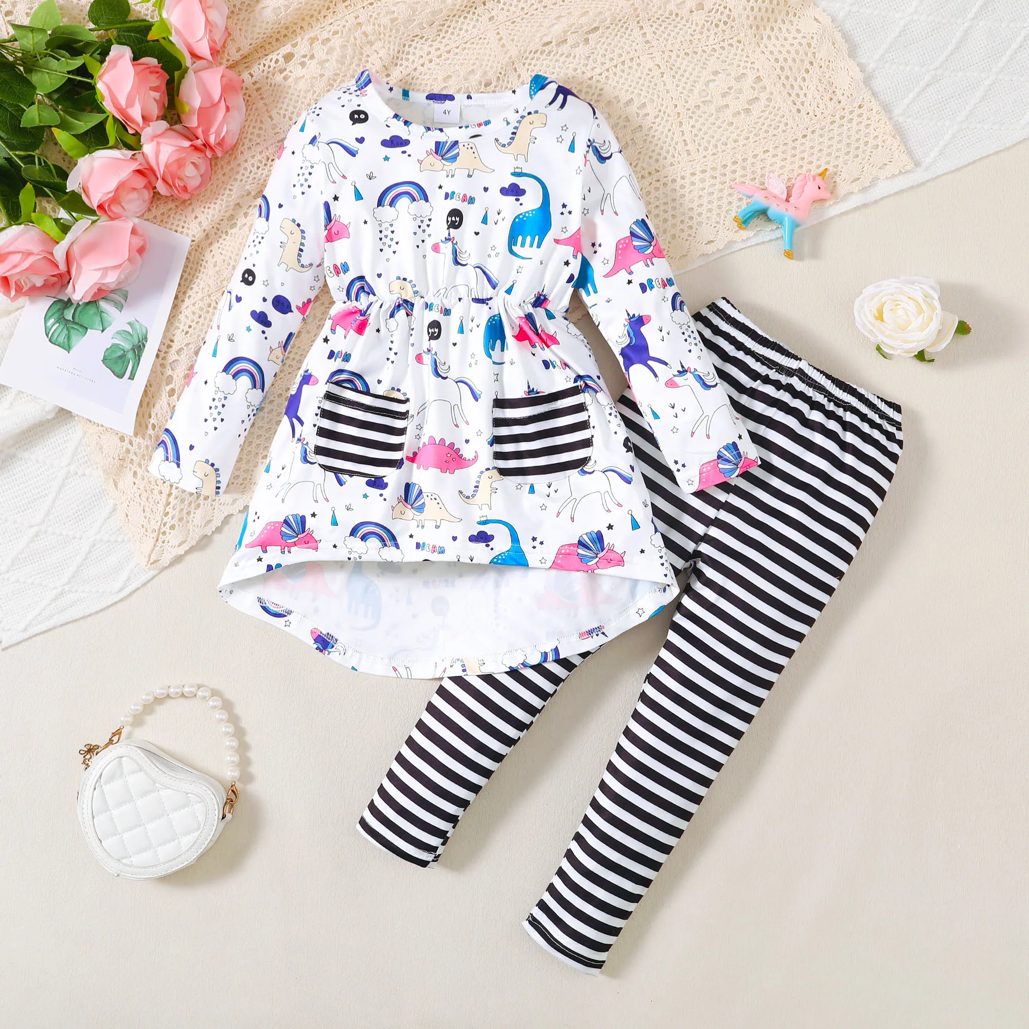 2PCS Baby Girl Clothing Casual Cute Dinosaur Pattern Long Sleeve Top&Striped Pants Baby Set Spring Fall Winter For Baby Girl