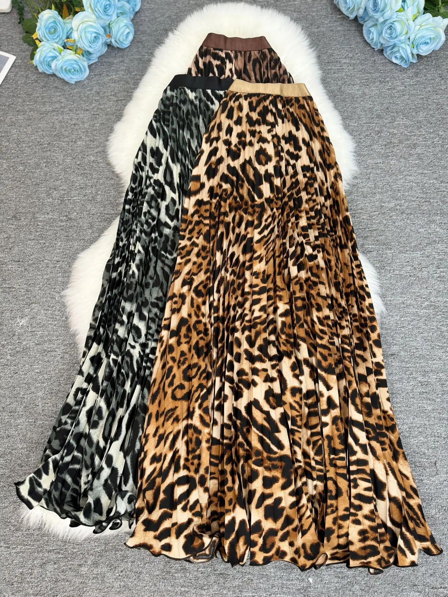 

Summer Vintage Leopard Pleated Long Skirt Women Spring Autumn Casual High Waist Dance Beach Trumpet Mermaid Skirt Maxi