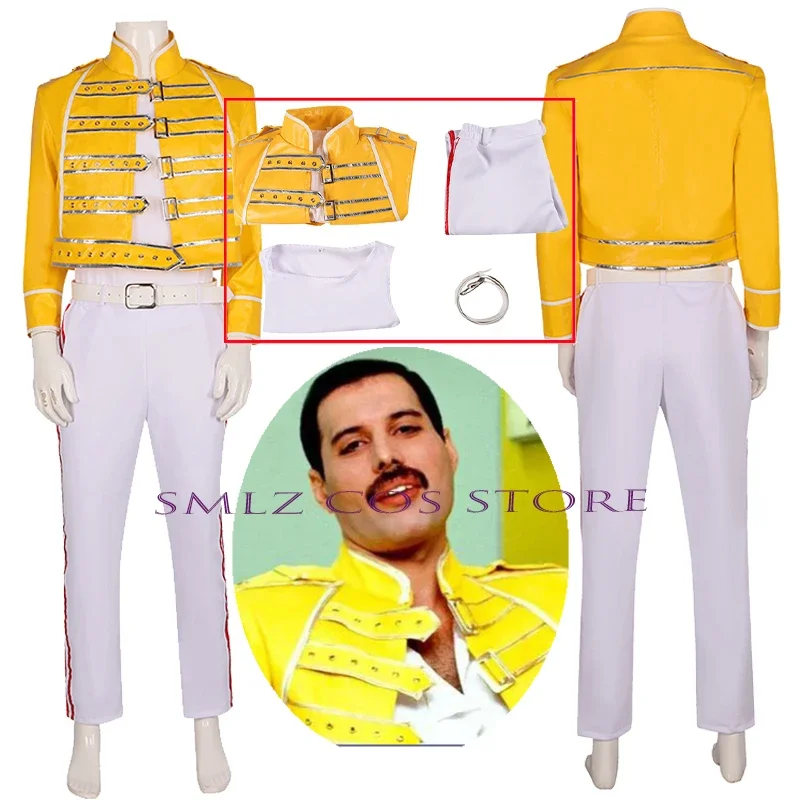 

Cos Freddie Mercury Cosplay Aniem Queen Lead Vocals Costume Yellow Coat Uniform Suit Halloween Party Performance Outfit for Men