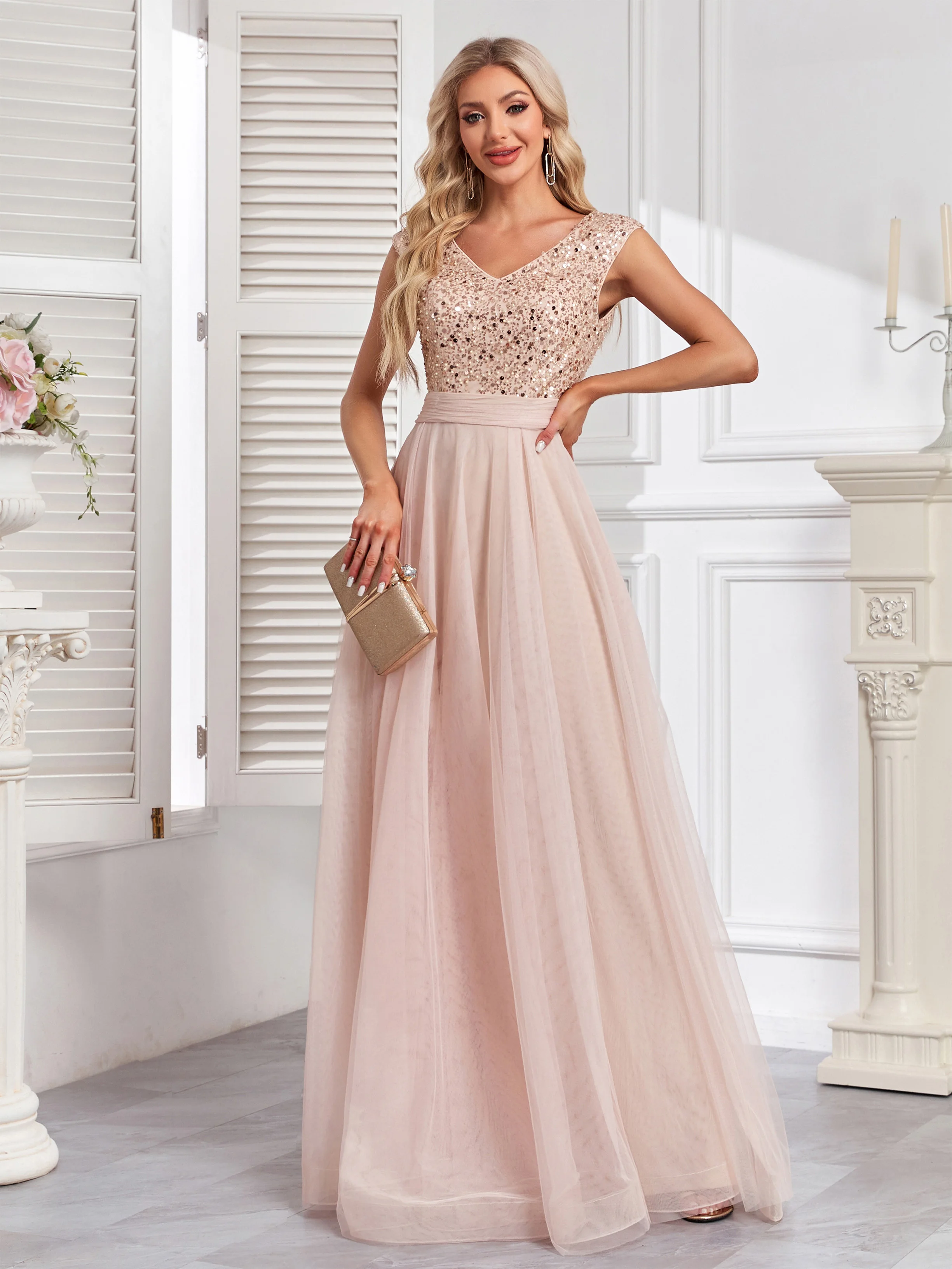 XUIBOL Gorgeous V-Neck Tank Dress with Sequin Top and Tulle Bottom, Luxurious Evening Gown