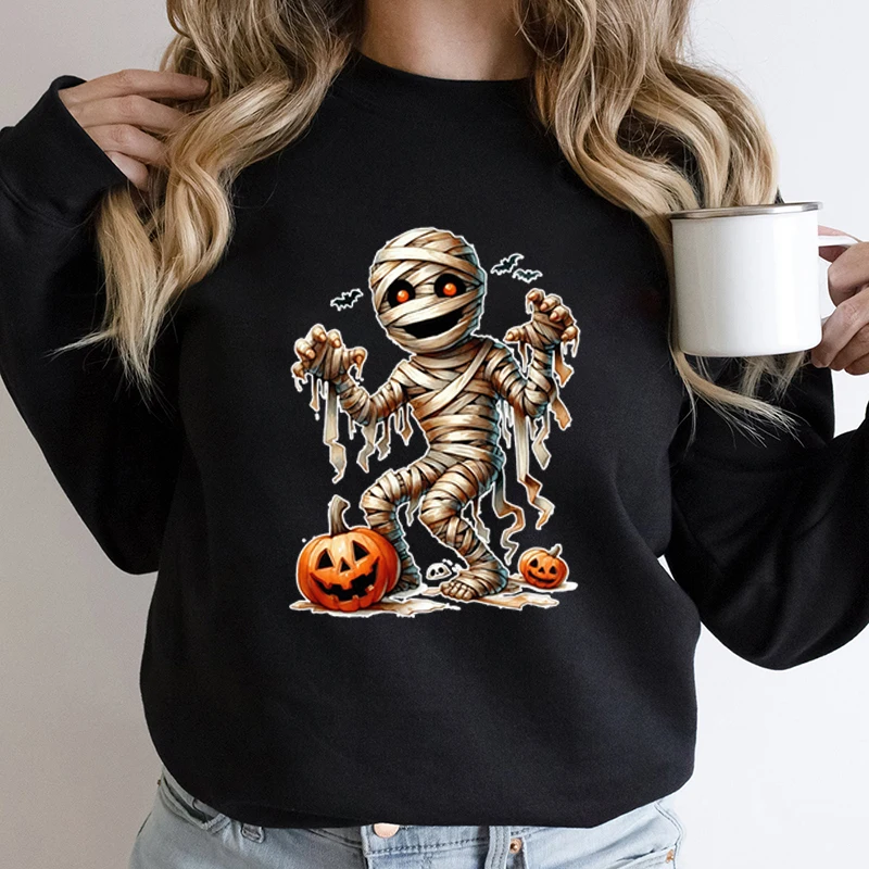 

Fuuny Halloween Mummy Pumpkin Print Women Pullovers Autumn And Winter Solid Color Fashion Ladies Long Sleeve Hoodless Sweatshirt