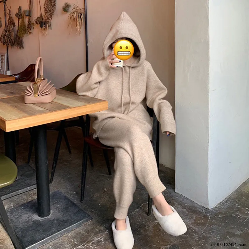 Fashion Knitted Suit 2023 Women Autumn Winter New Loose Hooded Sweatershirt + Long Pants Two-piece Set Korean Style Women Suits