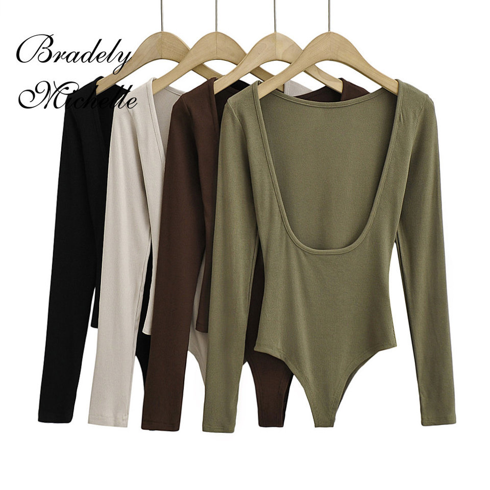  Women's Sexy Clothing Long-sleeve Solid Color Pullover One-Line Neck Backless Bodysuit Knitted Jumpsuit Top 