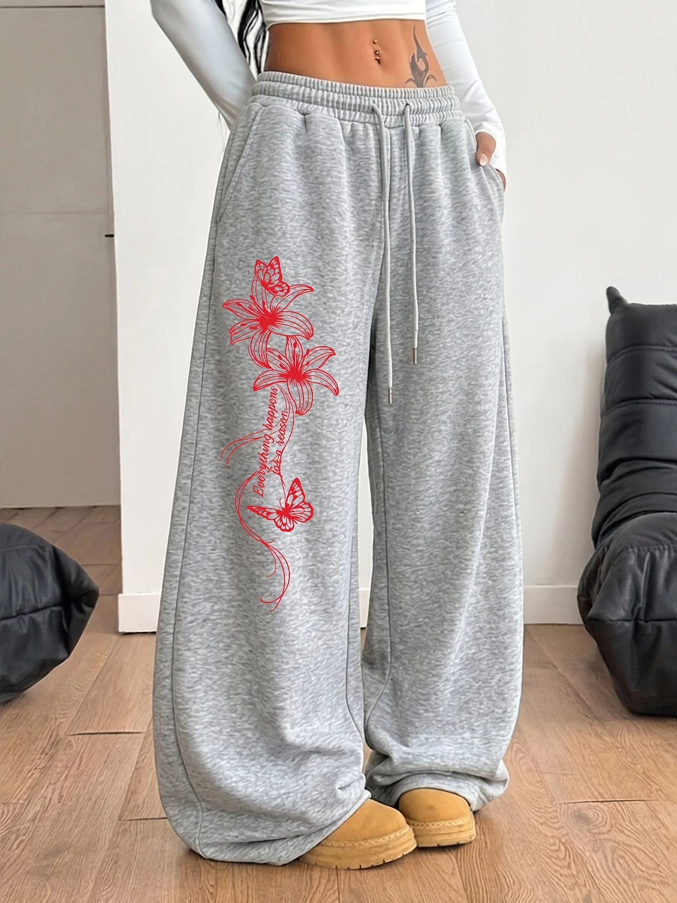 American retro style red lily and butterfly print wide-leg sweatpants for women loose fit slimming versatile casual sports pants