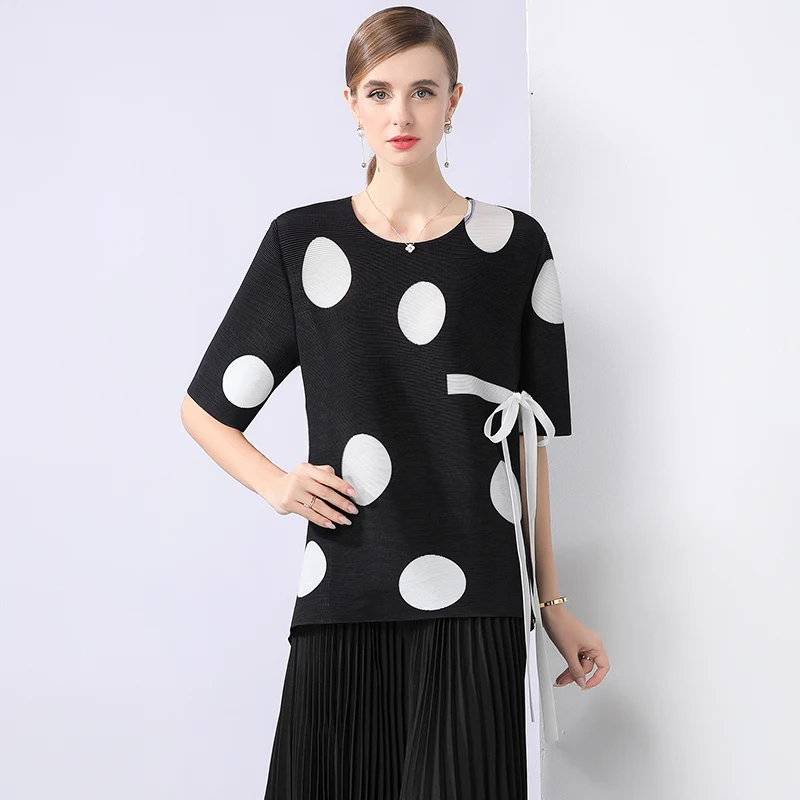 Ele Polka Dot Print Top da donna ort Sve T-shirt estiva sottile con nodo allentato Mommy Sle Tessuto in poliestere Casual...