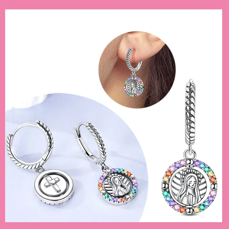 

Серьги-кольца из стерлингового серебра 925 пробы с крестом девственницы, геометрический циркон, изготовление ювелирных изделий для женщин и девочек, праздничные подарки