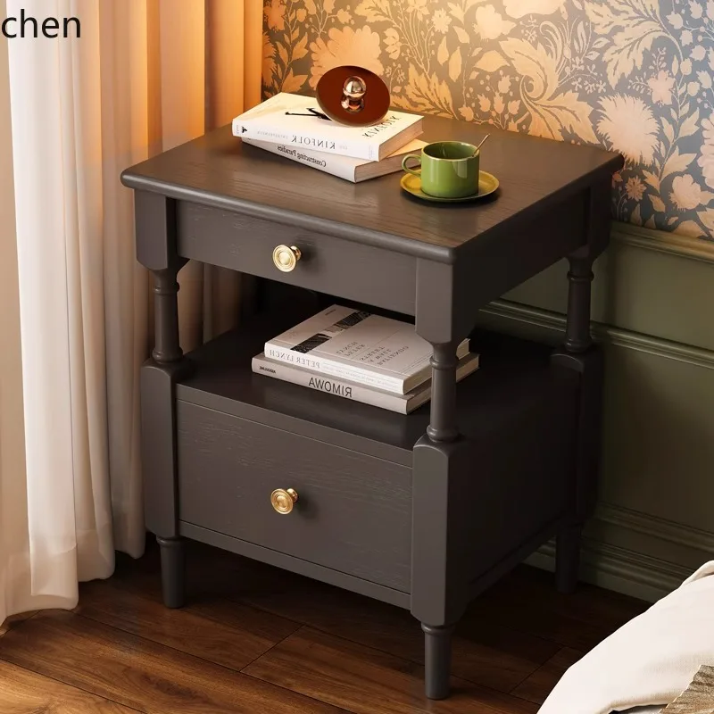 HXL Bedside Table Black Master Bedroom Solid Wood Storage Cabinet