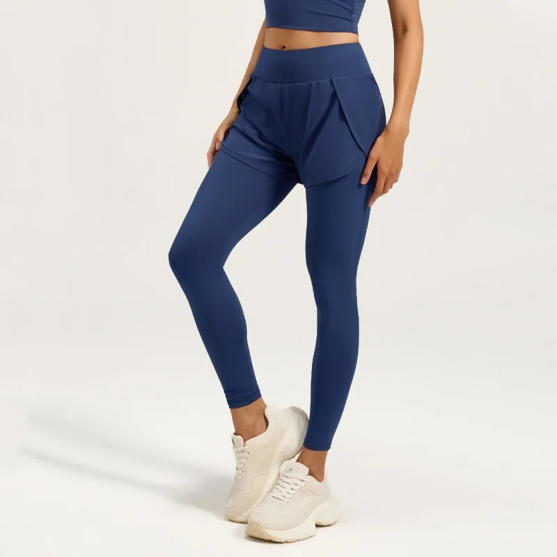 Fake Two-piece Sport Leggings for Women 2-in-1 High Waist Seamless Pocket Yoga Pants Trainning Booty Lift Workout Elastic Tights