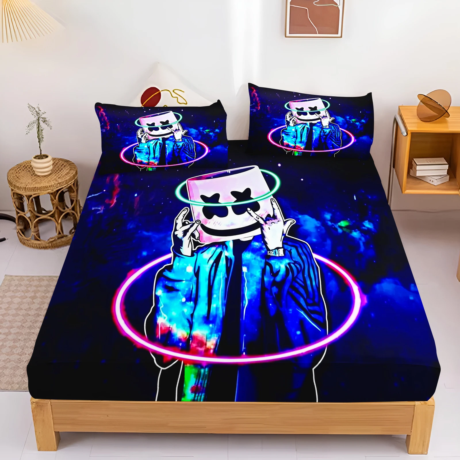Anime Bedding Set Cartoon Marshmallow DJ Digital Printed Bed Sheet And Pillowcase Cartoon Design Elastic Fitted For Bedroom