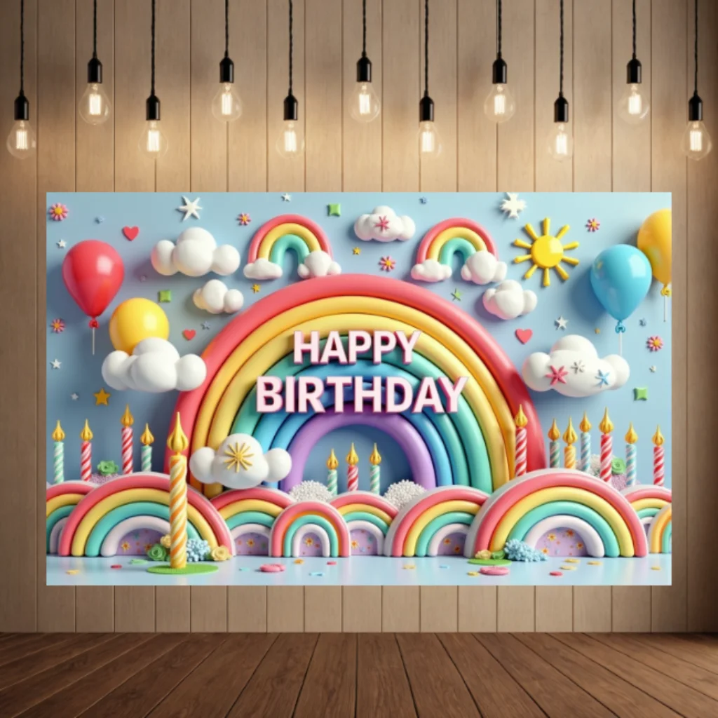 Colorful Balloon Rainbow Theme Happy Birthday Party Decoration Baby Shower Photography Backdrop For Outdoor And Home Celebration