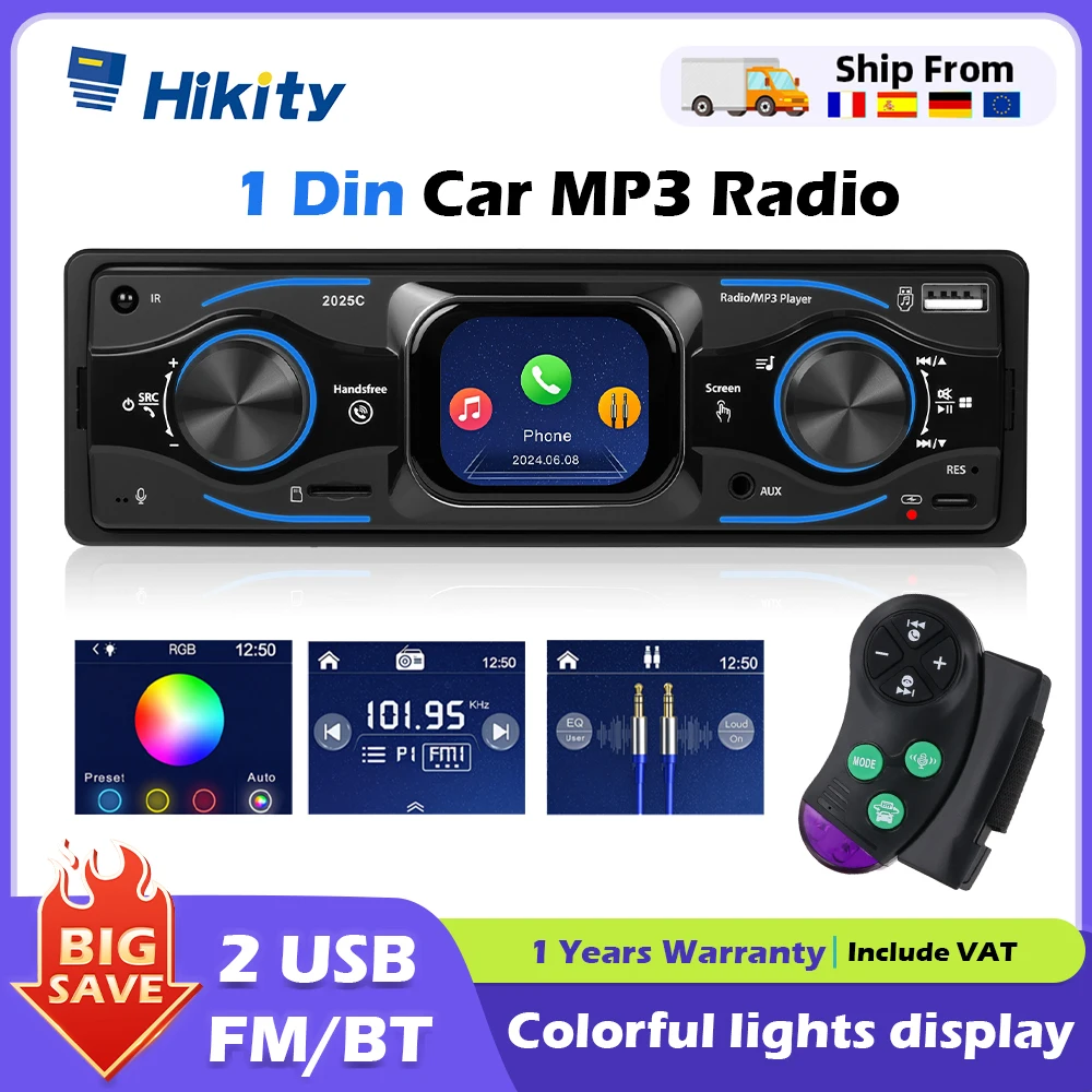 Hikity 2.17 Stereo per auto 1DIN Lettore Mp3 per auto Audio Bluetooth digitale con telecomando Musica Stereo Autoradio Luci colorate