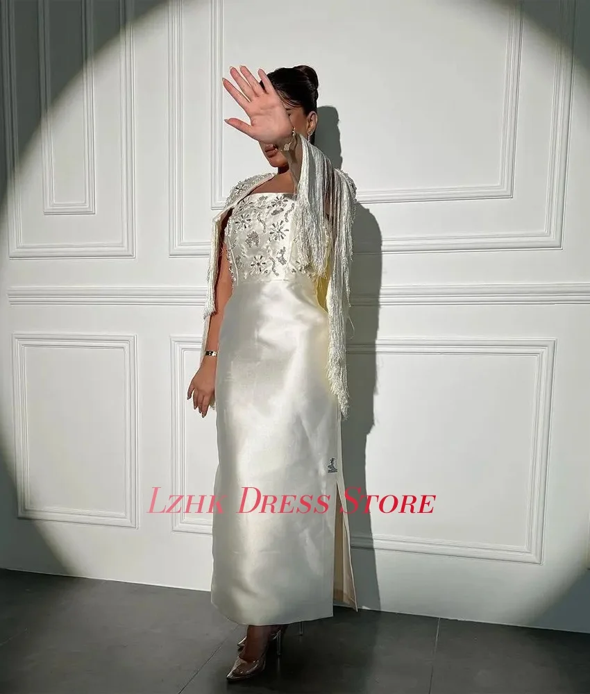 Customized Luxury Crystal Beading Tassel Straight Satin Evening Dress Delicate Half Sleeves Square Neck Bespoke Occasion Gowns