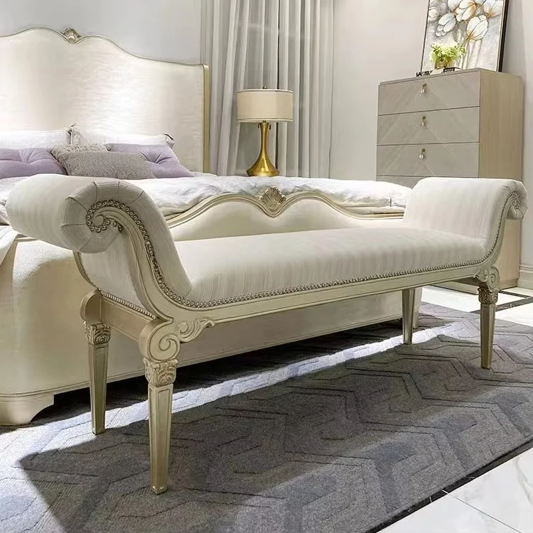 French solid wood bed stool bedroom living room carved bench shoe changing stool
