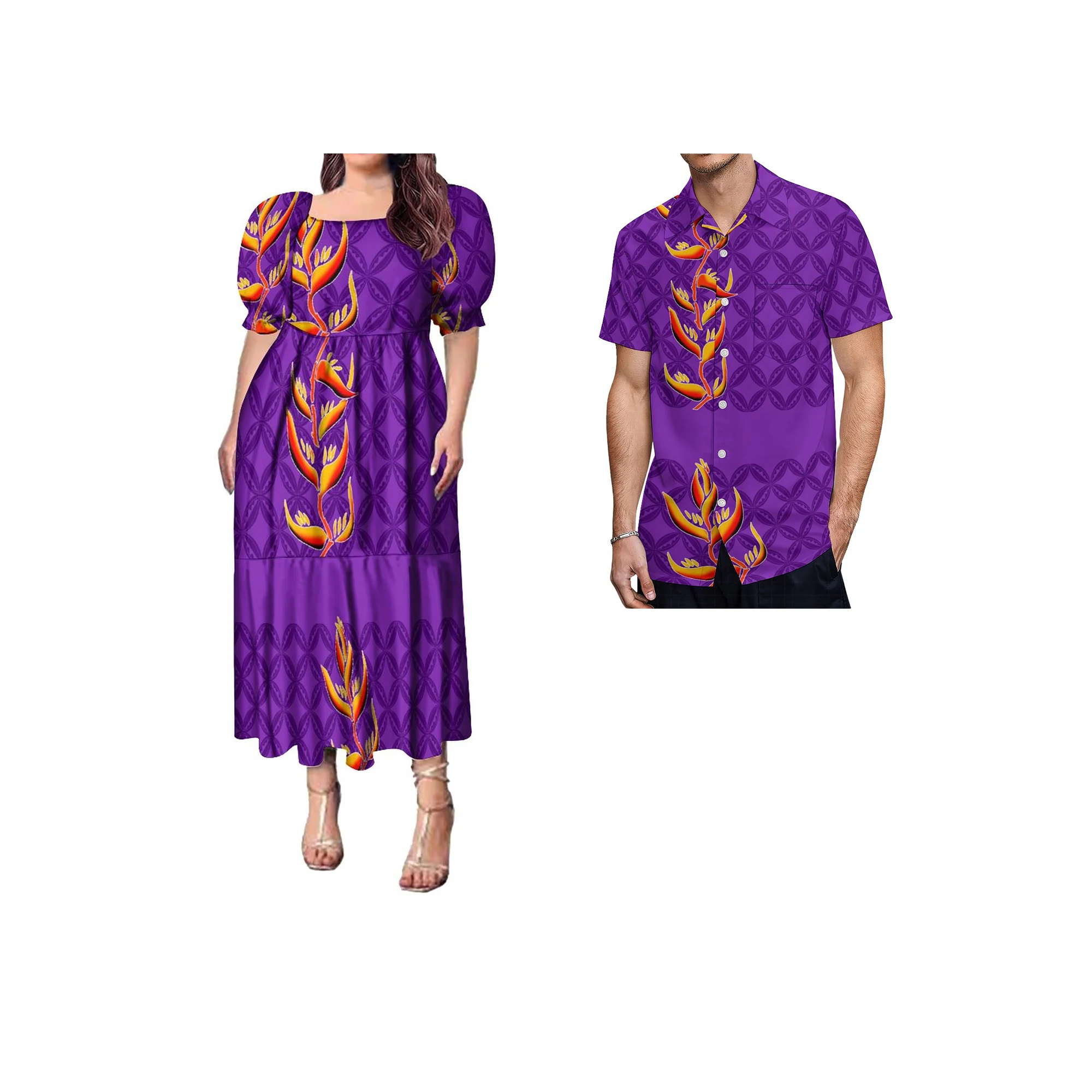 New Trendy Custom Pacific Islands Tapa Print Ruffle Puff Sleeve Tiered Dress Polynesian Womens Clothing Match Mens Shirt