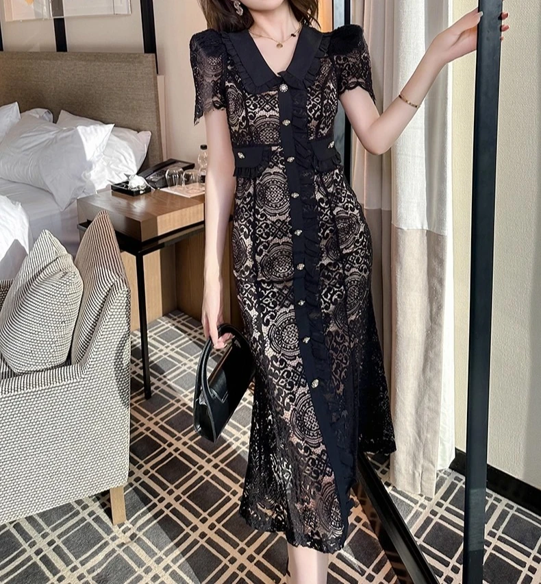 ชุดลูกไม้สีดําผู้หญิง V คอ Hollow Out Elegant ฤดูร้อน Elegant Vestidos Bodycon Streetwear Chic ผ้า Lady