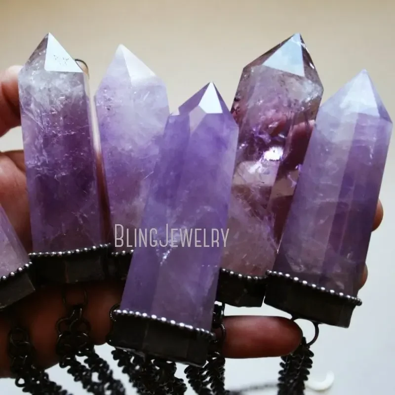 10pcs Amethyst Tower Necklace Purple Obelisk Talisman Wicca Witchy Crystal Jewelry Goth Gothic Grunge Stainless Steel Jewelry