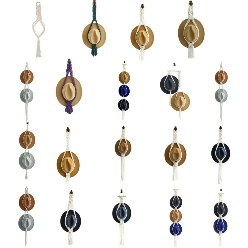 Bohemian Multilayer Macrame Hanging Hat Nordic Cotton Rope Tapestry Caps Display Rack Storage for Home Wall Decoration