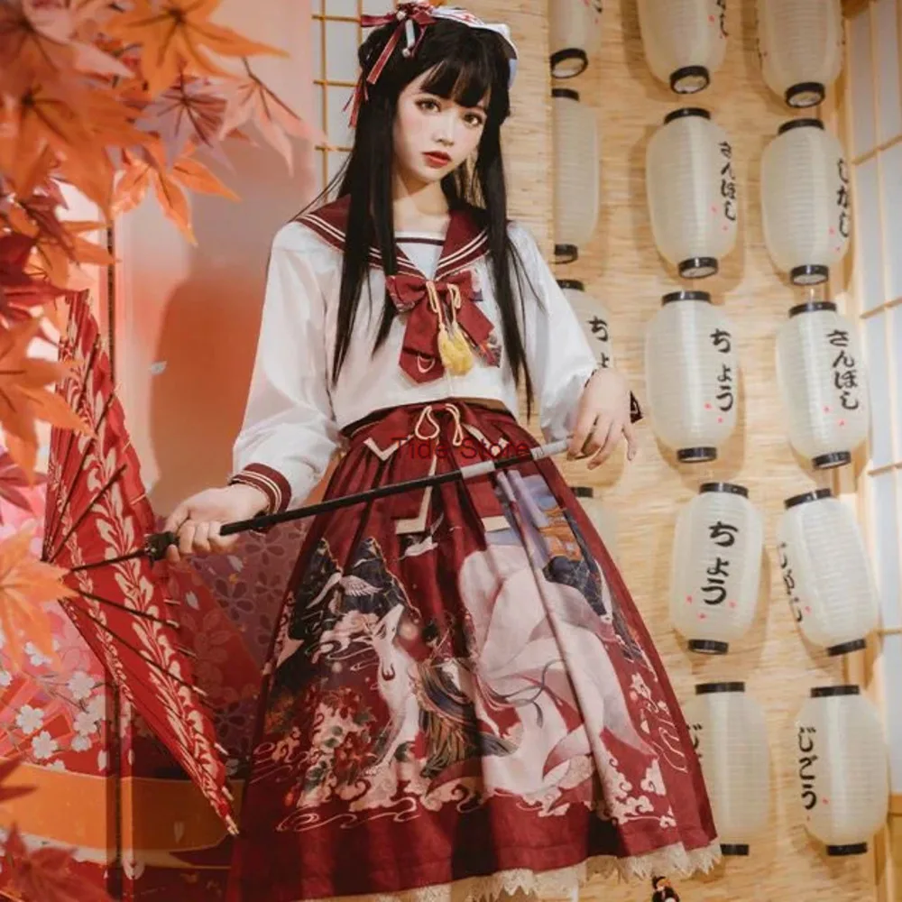 Fox Demon Record JK Plaid Skirt Han Harajuku Lolita High Waist Sailor Uniform Japanese School Lolita Set Gothic Blouse