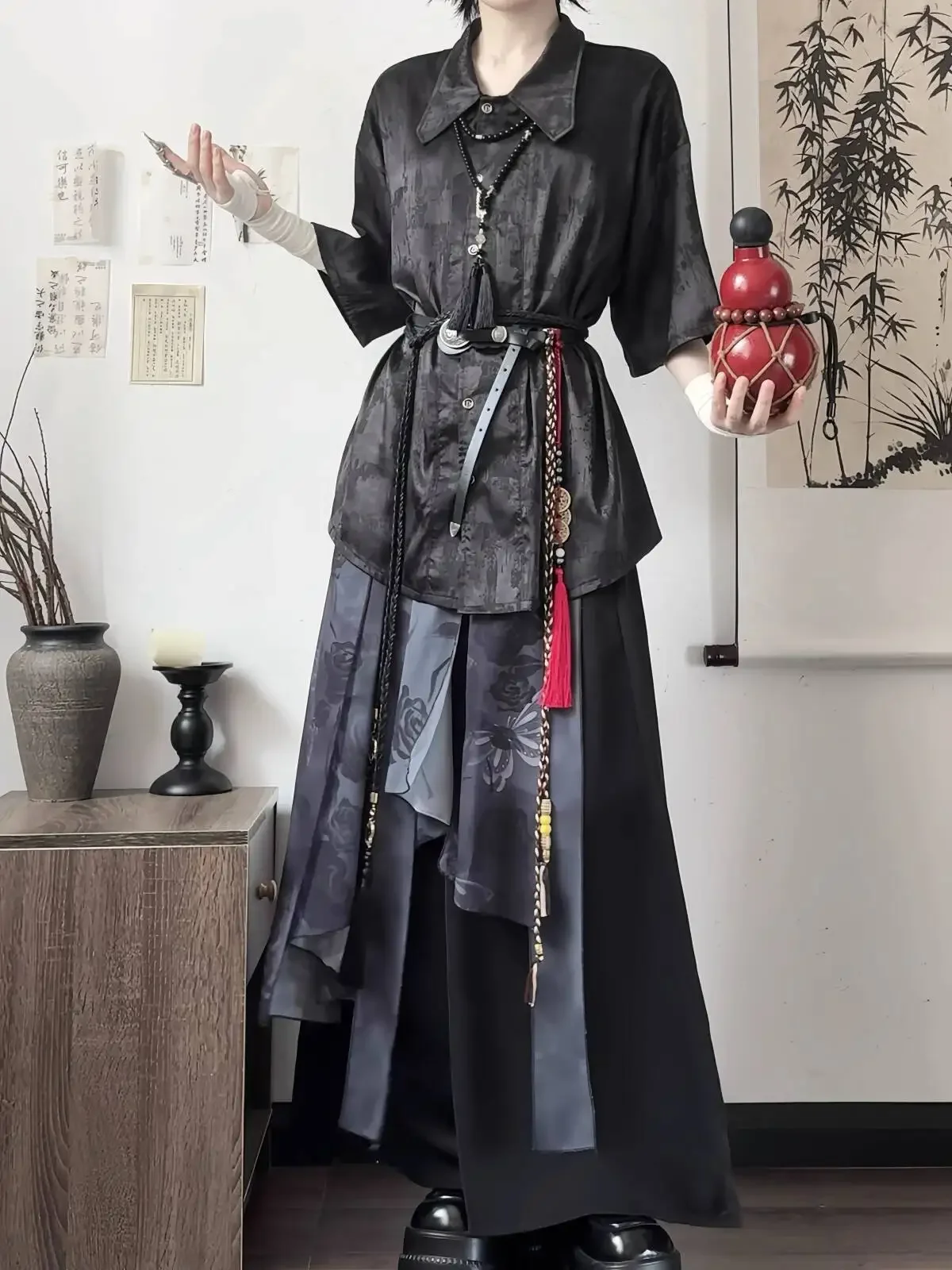 

2025 hot Guofeng Shirt Wide Leg Pants Wuxia Night BlackNew Chinese Style Hanfu Women Fiesta Carnival Halloween Cos Cosplay suit