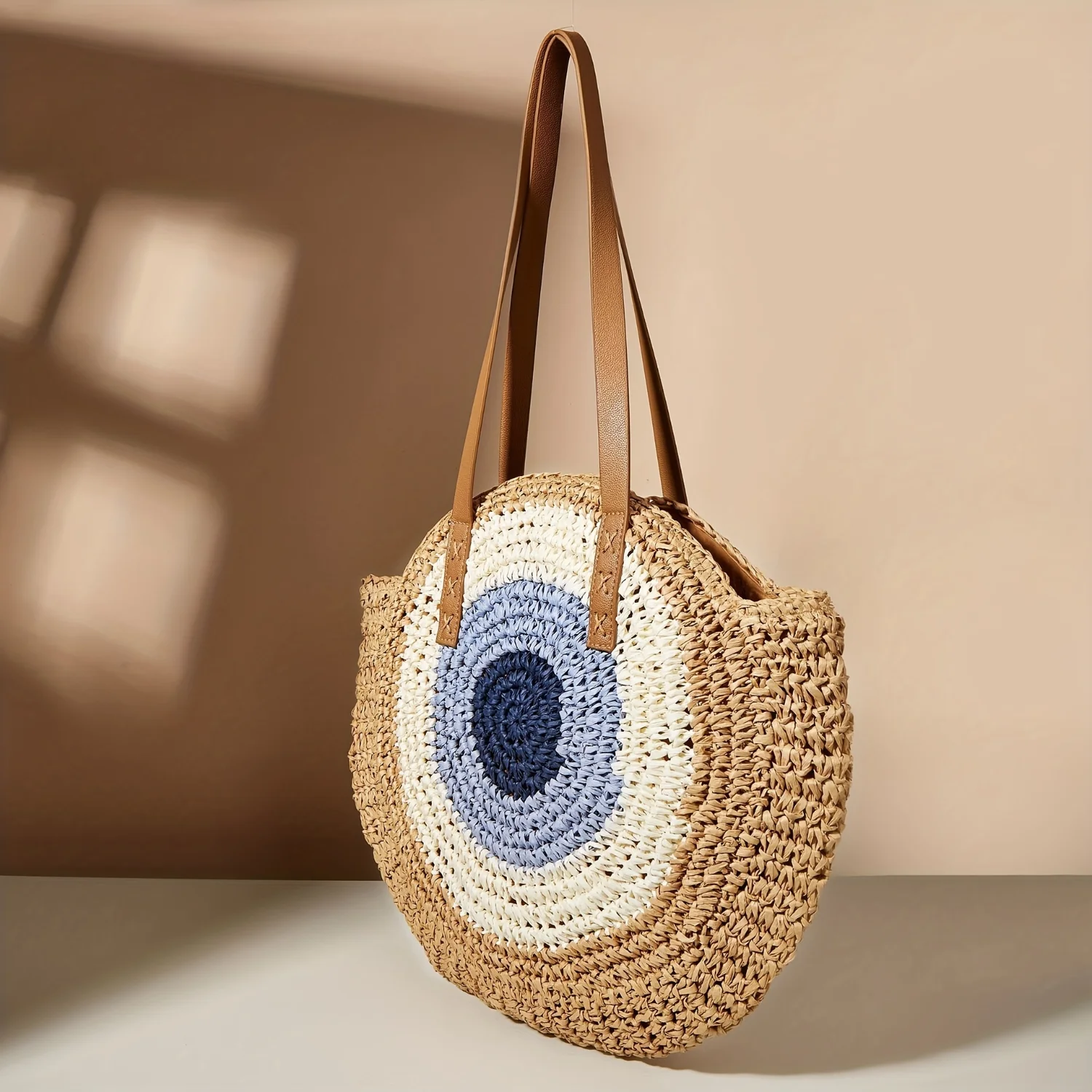 Contrast Straw Woven Tote Bag, Large Capacity Summer Beach Bag, Casual Travel Holiday Shoulder Bag