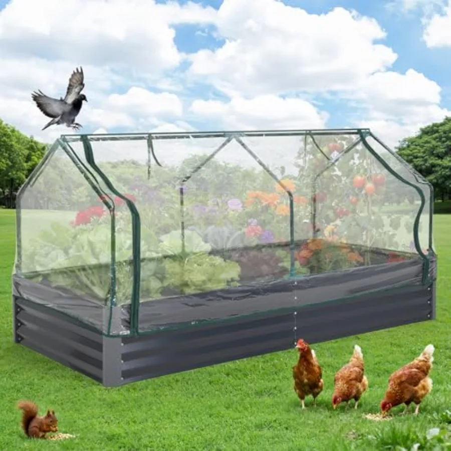 Galvanized Raised Garden Bed Large Rectangular Kit with Cover Zippered Screen Doors Open Base Design Thick Steel Easy Assembly