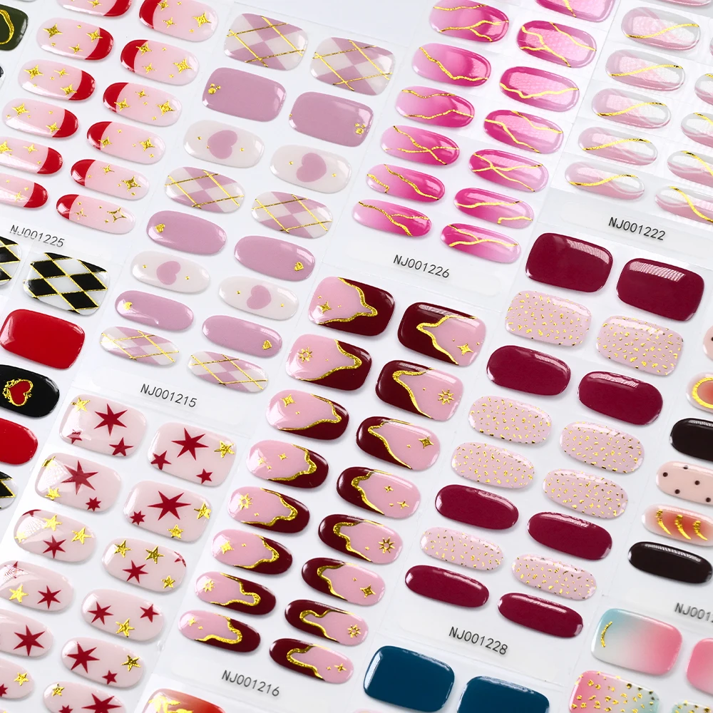 16Tips Wine French Tip Gel Nail Stickers Squoval Semi Cured Adhesive Nails Wraps Gold Star Pattern Full Cover UV Manicure Strips